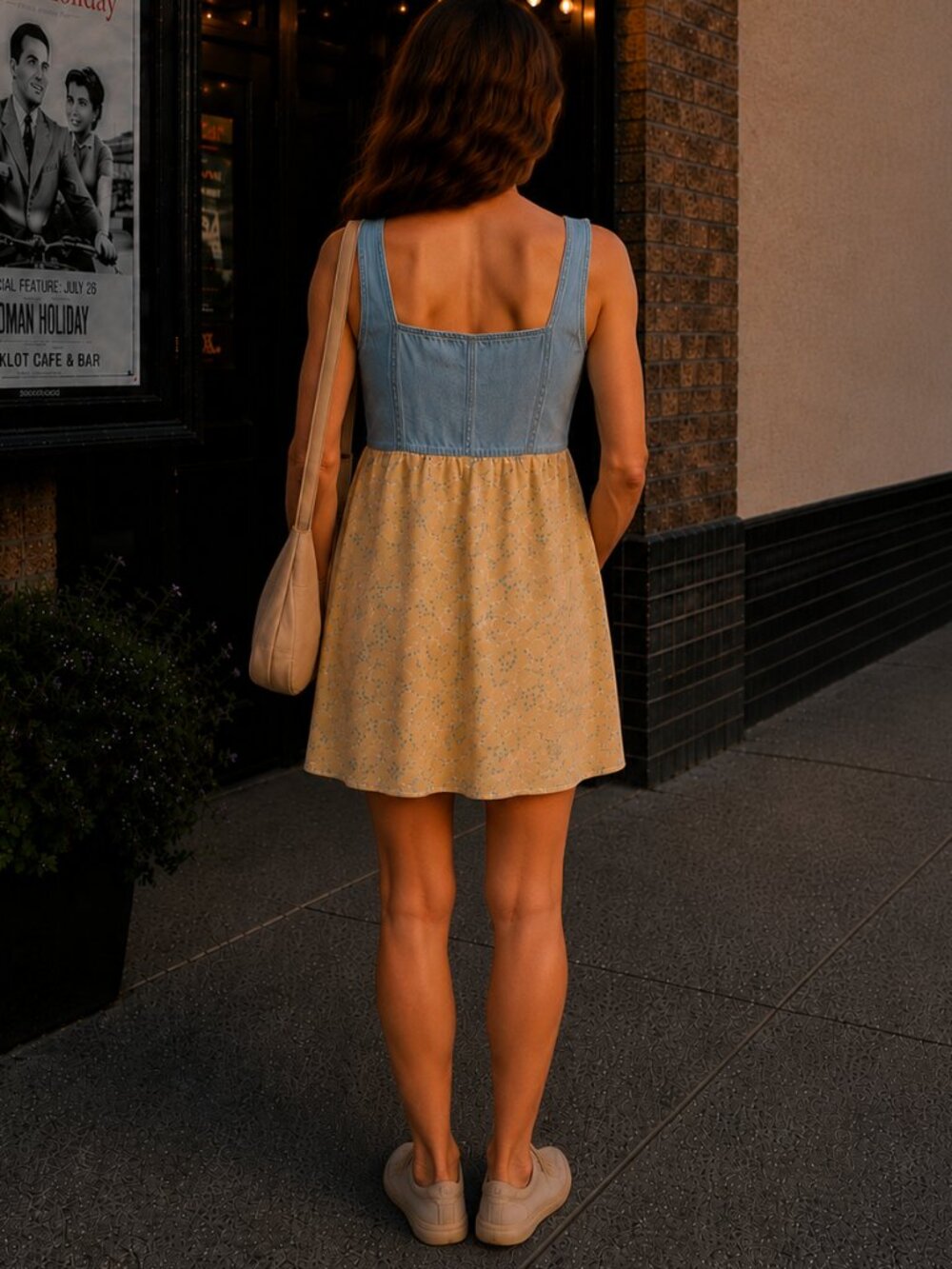 Vintage 90s Butter Yellow Daisy Floral Denim Bodice Babydoll Mini Dress Small - Picture 3 of 10